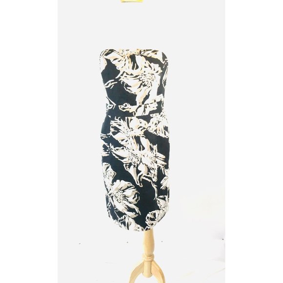 Banana Republic Strapless Black Floral Linen Dress Size 10 Sheath Lined - Picture 3 of 10